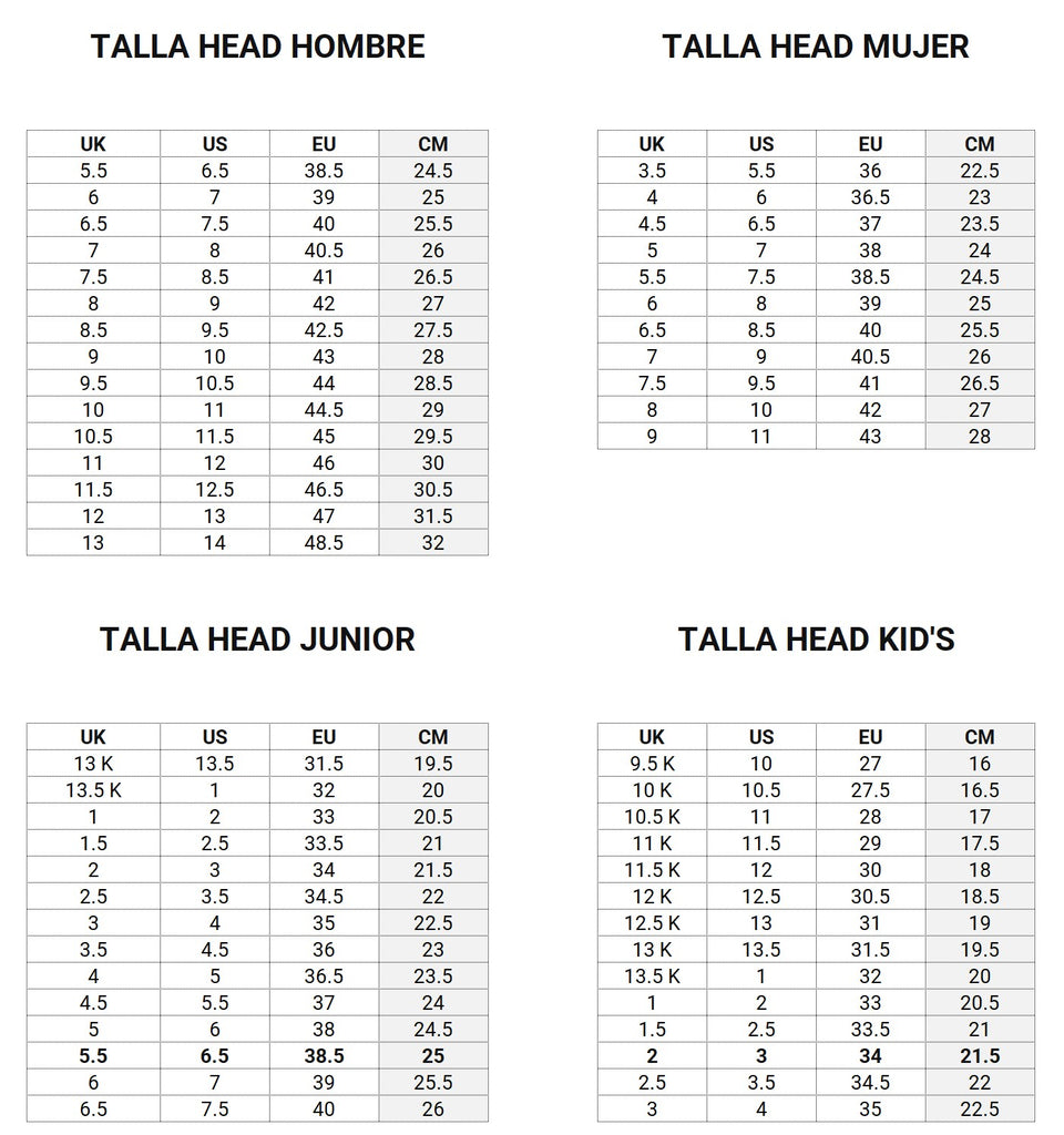 Guía de tallas Zapatillas pádel Head – Padel Kiwi